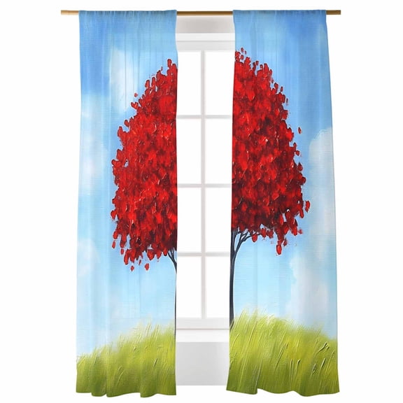Sheer Curtains 84 inches Long, Red Tree Sky Grass Cloud Scenery Light Filtering Sheer Window Curtains Rod Pocket Voile Drapes for Bedroom Living Room, 52"W x 84"L 2 Panels