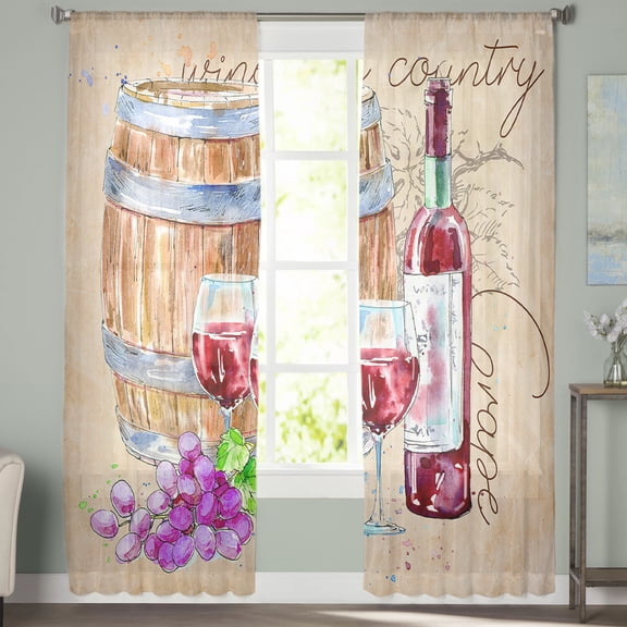 Sheer Curtains 84 inches Long, Retro Grape Wine Barrel Watercolor Fall Light Filtering Sheer Window Curtains Rod Pocket Voile Drapes for Bedroom Living Room, 52"W x 84"L 2 Panels