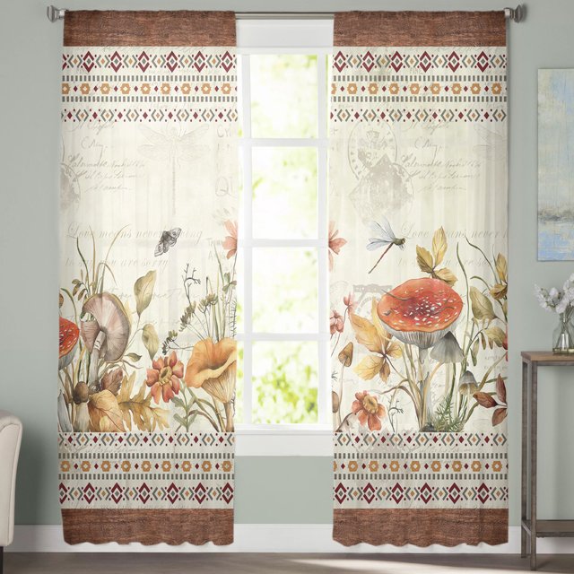 Sheer Curtains 84 inches Long, Rustic Mushroom with Flowers Wood Grain Light Filtering Sheer Window Curtains Rod Pocket Voile Drapes for Bedroom Living Room, 52"W x 84"L 2 Panels