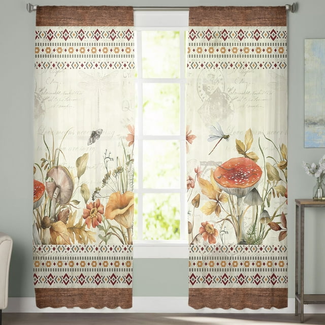 Sheer Curtains 84 inches Long, Rustic Mushroom with Flowers Wood Grain Light Filtering Sheer Window Curtains Rod Pocket Voile Drapes for Bedroom Living Room, 52"W x 84"L 2 Panels