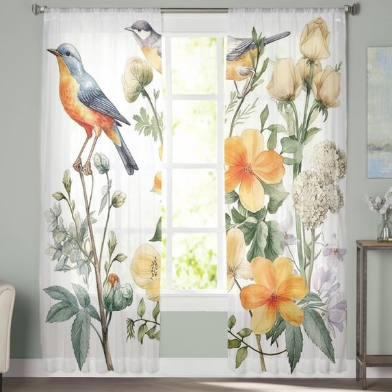 Sheer Curtains 84 inches Long, Spring Watercolor Vintage Yellow Flowers and Birds Light Filtering Sheer Window Curtains Rod Pocket Voile Drapes for Bedroom Living Room, 52"W x 84"L 2 Panels
