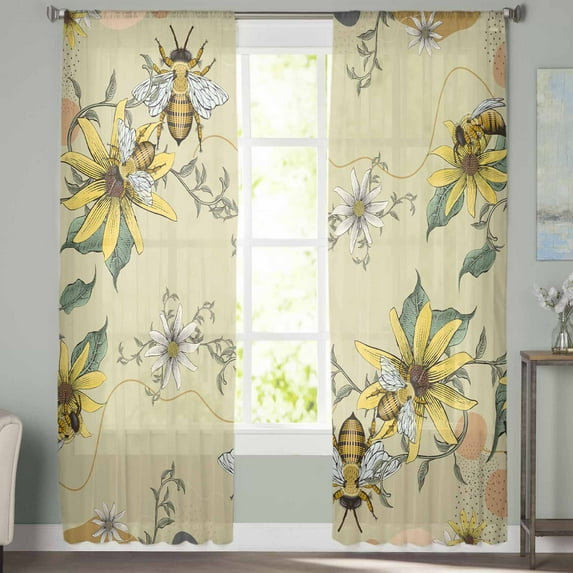 Sheer Curtains 84 inches Long, Summer Bohemian Bee with Yellow and White Flowers Light Filtering Sheer Window Curtains Rod Pocket Voile Drapes for Bedroom Living Room, 52"W x 84"L 2 Panels