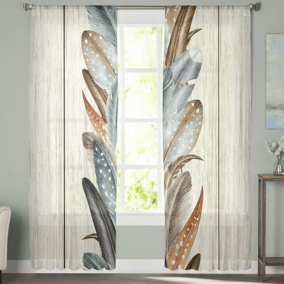 Sheer Curtains 84 inches Long, Thanksgiving Fall Colorful Feather Wooden Texture Light Filtering Sheer Window Curtains Rod Pocket Voile Drapes for Bedroom Living Room, 52"W x 84"L 2 Panels