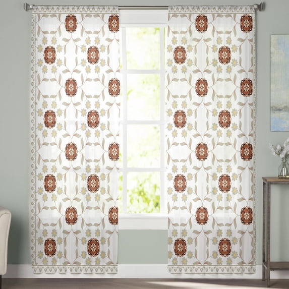 Sheer Curtains 84 inches Long, Vintage Abstract Flowers Leaf Moroccan Culture Light Filtering Sheer Window Curtains Rod Pocket Voile Drapes for Bedroom Living Room, 52"W x 84"L 2 Panels