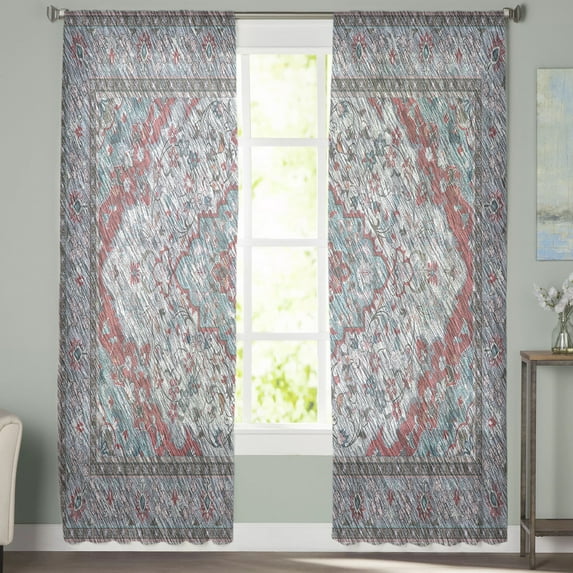 Sheer Curtains 84 inches Long, Vintage Flower Art Carving Texture Printing Light Filtering Sheer Window Curtains Rod Pocket Voile Drapes for Bedroom Living Room, 52"W x 84"L 2 Panels