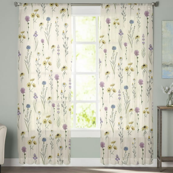 Sheer Curtains 84 inches Long, Watercolor Plant Sunflower Plants Flower Printing Light Filtering Sheer Window Curtains Rod Pocket Voile Drapes for Bedroom Living Room, 52"W x 84"L 2 Panels