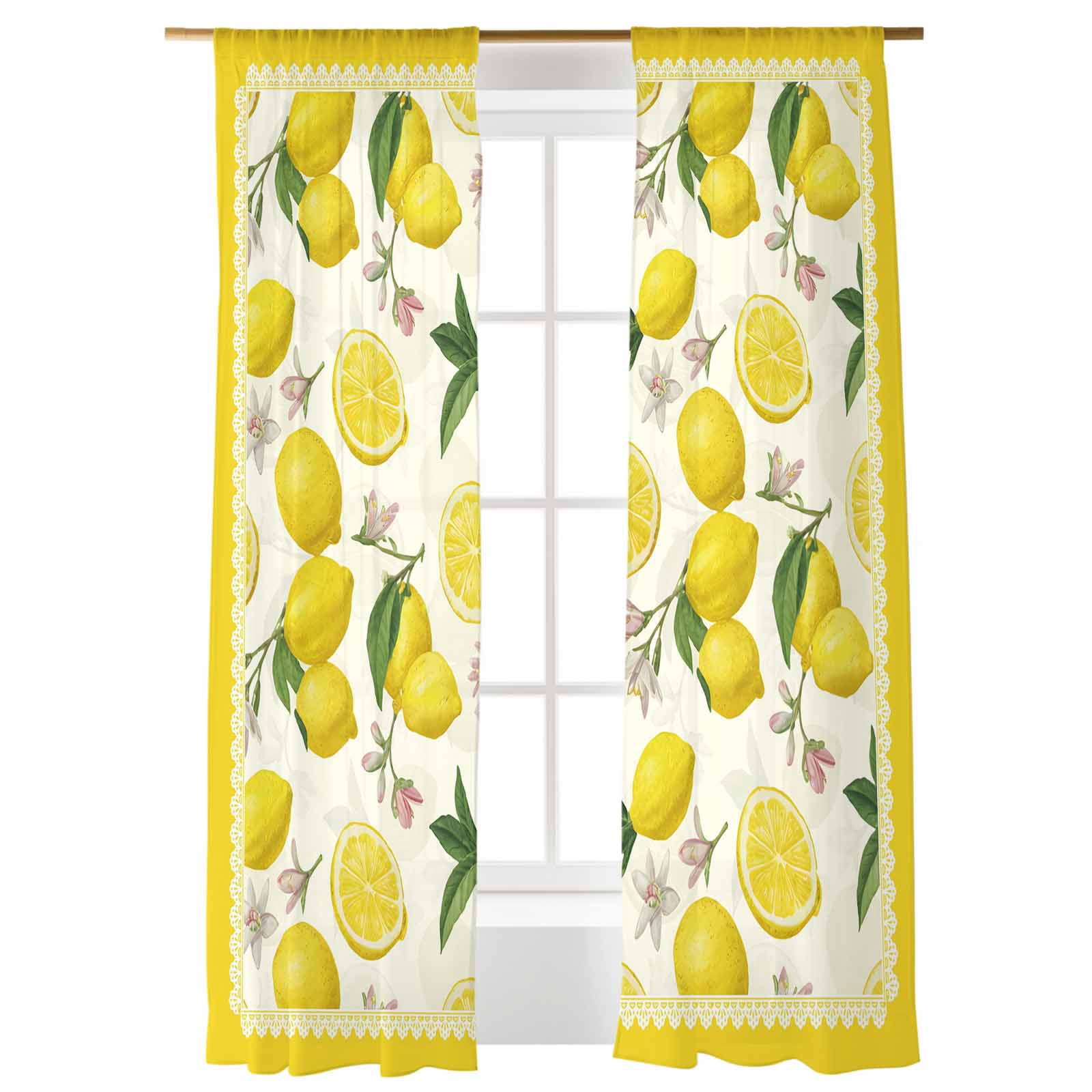 Sheer Curtains 84 inches Long, Yellow Lemon Floral Leaf Summer Fruit ...
