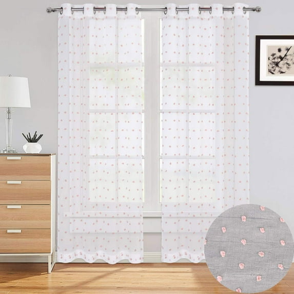 Sheer Curtains 95" Long for Living Room, Soft Voile Textured Jacquard Sheer Window Curtains Embroidered with Pom Pom Design, 52 x 95 Inch, 2 Panels, Pink Pompoms