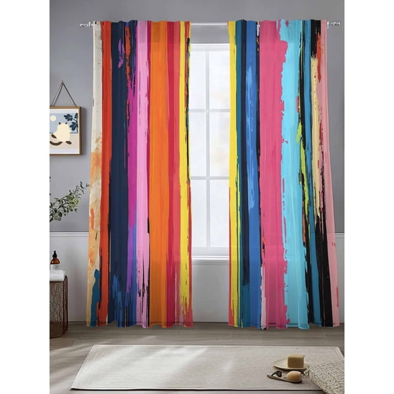 Sheer Curtains 96 Inches Long 2 Panels, Abstract Colorful Oil Painting Rod Pocket Curtain Voile Draperies, Modern Stripe Artwork Light Filtering Window Treatment for Living Room Kitchen Bedroom