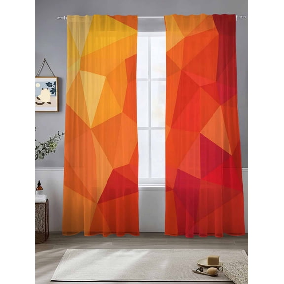Sheer Curtains 96 Inches Long 2 Panels, Abstract Geometric Mosaic Triangular Shapes Rod Pocket Curtain Voile Draperies, Orange Burnt Light Filtering Window Treatment for Living Room Kitchen Bedroom