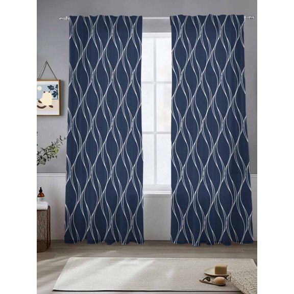 Sheer Curtains 96 Inches Long 2 Panels, Abstract Navy Blue Waves Line Rod Pocket Curtain Voile Draperies, Classic White Striped Wavy Light Filtering Window Treatment for Living Room Kitchen Bedroom
