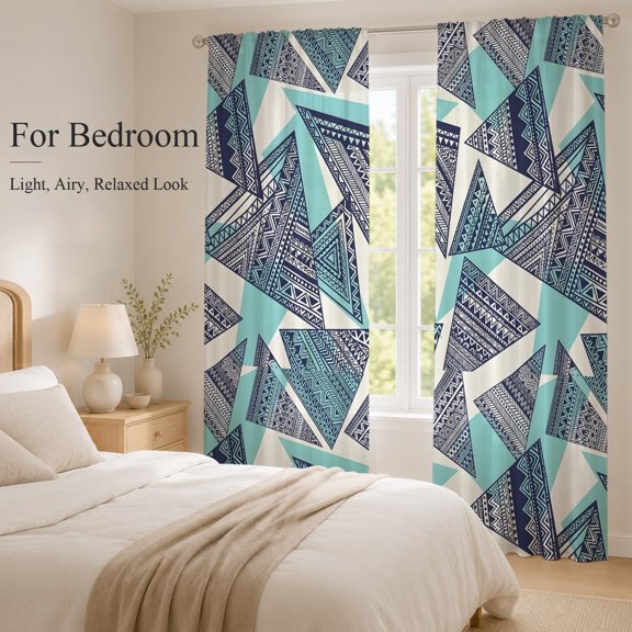 Sheer Curtains 96 Inches Long 2 Panels, Abstract Tribal Triangle Pattern Rod Pocket Curtain Voile Draperies, Rustic Geometric Art Light Filtering Window Treatment for Living Room Kitchen Bedroom