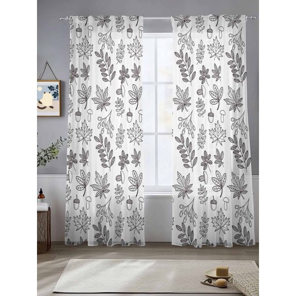 Sheer Curtains 96 Inches Long 2 Panels, Autumn Maple Leaves Sketch Rod Pocket Curtain Voile Draperies, Leaf Mushroom Hazelnut White Black Light Filtering Window Treatment for Living Room