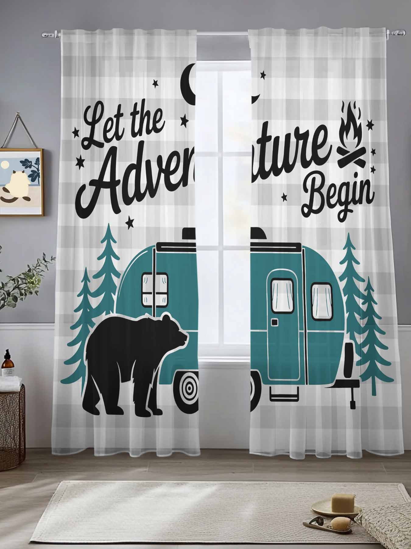 Sheer Curtains 96 Inches Long 2 Panels, Black Bear Green Tree CV ...