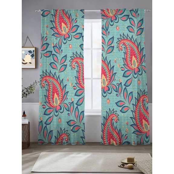 Sheer Curtains 96 Inches Long 2 Panels, Boho Red Cashew Flower on Blue Rod Pocket Curtain Voile Draperies, Retro Abstract Floral Light Filtering Window Treatment for Living Room Kitchen Bedroom