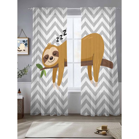Sheer Curtains 96 Inches Long 2 Panels, Cartoon Sloth Tree Branch Rod Pocket Curtain Voile Draperies, Gray Chevron Stripe Animal Light Filtering Window Treatment for Living Room Kitchen Bedroom