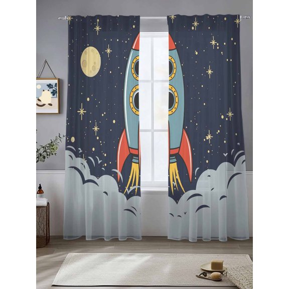 Sheer Curtains 96 Inches Long 2 Panels, Cartoon Space Rocket Launch Stars and Moon Rod Pocket Curtain Voile Draperies, Outer Planet Light Filtering Window Treatment for Living Room Kitchen Bedroom