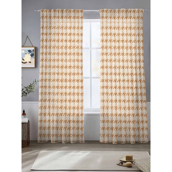 Sheer Curtains 96 Inches Long 2 Panels, Classic Beige Khaki Houndstooth Pattern Rod Pocket Curtain Voile Draperies, Vintage Farm Checker Light Filtering Window Treatment for Living Room
