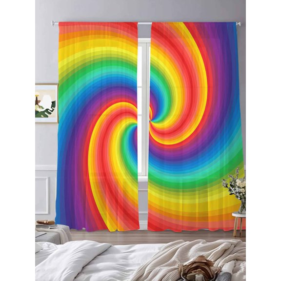 Sheer Curtains 96 Inches Long 2 Panels, Colorful Rainbow Vortex Rod Pocket Curtain Voile Draperies, Seamless Swirl Pattern Art Light Filtering Window Treatment for Living Room Kitchen Bedroom