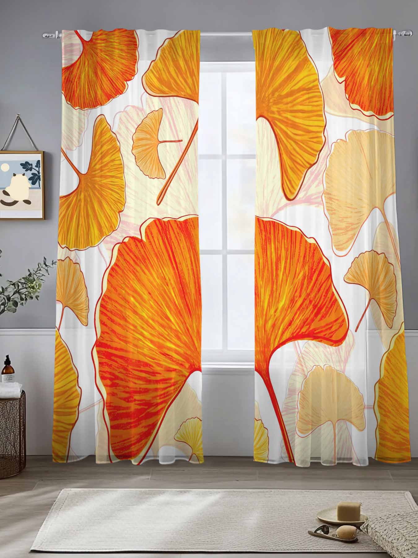 Rod Ginkgo Sheer Curtains 96 Inches Long 2 Panels, Country Ginkgo Retro Medieval ...