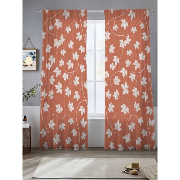 Sheer Curtains 96 Inches Long 2 Panels, Fall Maple Leaf Vine Rod Pocket Curtain Voile Draperies, Pottery Red Light Filtering Window Treatment for Living Room Kitchen Bedroom