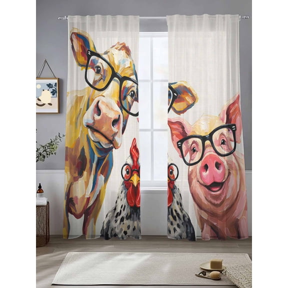 Sheer Curtains 96 Inches Long 2 Panels, Farm Animals Cow Chicken Pig Rod Pocket Curtain Voile Draperies, Abstract Trio in Glasses Light Filtering Window Treatment for Living Room Kitchen Bedroom