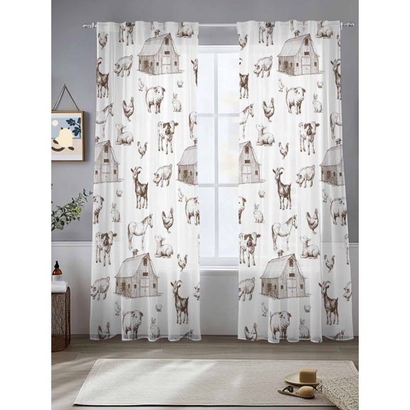 Sheer Curtains 96 Inches Long 2 Panels, Farm Cow Pig Chicken Goat Rod Pocket Curtain Voile Draperies, Farmhouse Barn Animal Light Filtering Window Treatment for Living Room Kitchen Bedroom