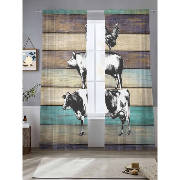 Sheer Curtains 96 Inches Long 2 Panels, Farm Cow Pig Chicken Rod Pocket Curtain Voile Draperies, Farmhouse Animal Vintage Wood Board Light Filtering Window Treatment for Living Room Kitchen Bedroom