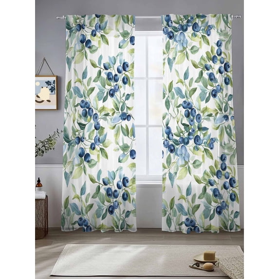 Sheer Curtains 96 Inches Long 2 Panels, Farm Plant Blueberry Fruit Rod Pocket Curtain Voile Draperies, Green Watercolor Leaves Light Filtering Window Treatment for Living Room Kitchen Bedroom