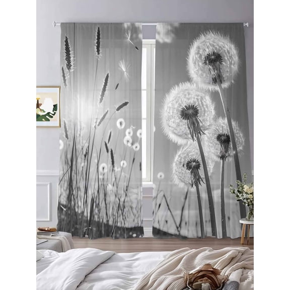 Sheer Curtains 96 Inches Long 2 Panels, Farmhouse Grey Field Dandelion Rural Plant Rod Pocket Curtain Voile Draperies, Idyllic Botanical Light Filtering Window Treatment for Living Room Kitchen