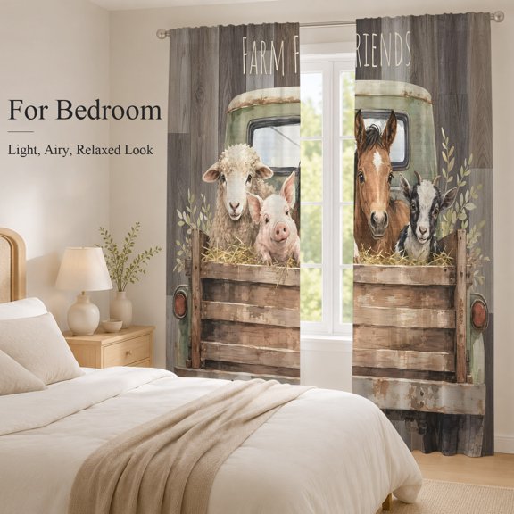 Sheer Curtains 96 Inches Long 2 Panels, Farmhouse Truck Sheep Pig Horse Cow Rod Pocket Curtain Voile Draperies, Farm Retro Wood Plank Light Filtering Window Treatment for Living Room Kitchen Bedroom