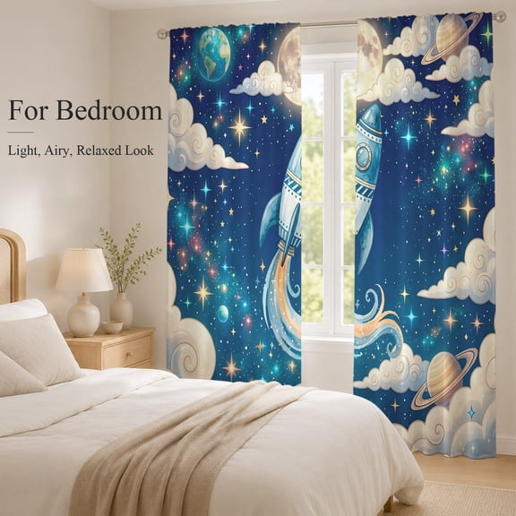 Sheer Curtains 96 Inches Long 2 Panels, Galaxy Stars Moon Planets Rod Pocket Curtain Voile Draperies, Cloud Dream Sky Rocket Light Filtering Window Treatment for Living Room Kitchen Bedroom