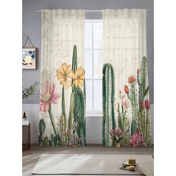Sheer Curtains 96 Inches Long 2 Panels, Green Cactus Tropical Plant Flower Rod Pocket Curtain Voile Draperies, Vintage Letter Light Filtering Window Treatment for Living Room Kitchen Bedroom