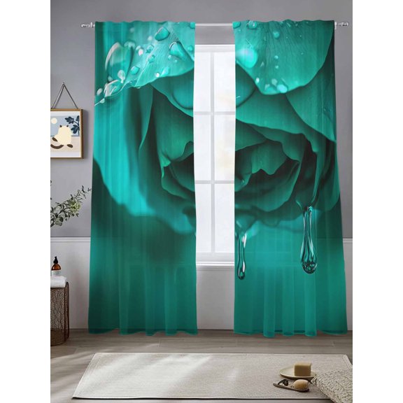 Sheer Curtains 96 Inches Long 2 Panels, Green Rose with Water Drop Rod Pocket Curtain Voile Draperies, Abstract Natural Flower Pattern Light Filtering Window Treatment for Living Room Bedroom