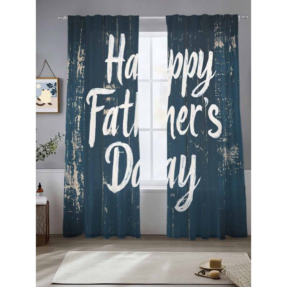 Sheer Curtains 96 Inches Long 2 Panels, Happy Father's Day Quote Wood Rod Pocket Curtain Voile Draperies, Retro Navy Blue Wooden Plank Light Filtering Window Treatment for Living Room Bedroom