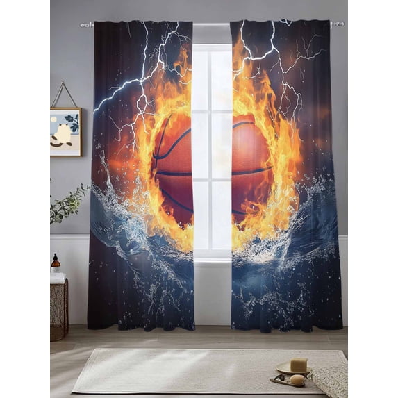 Sheer Curtains 96 Inches Long 2 Panels, Ice Fire Basketball Sport Rod Pocket Curtain Voile Draperies, Lightning Water Ripple Abstract Art Light Filtering Window Treatment for Living Room