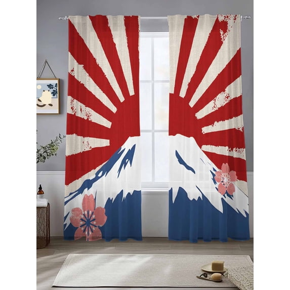 Sheer Curtains 96 Inches Long 2 Panels, Japanese Style Flowers Rod Pocket Curtain Voile Draperies, Snow Mountain Sun on Linen Light Filtering Window Treatment for Living Room Kitchen Bedroom
