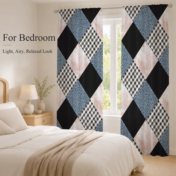 Sheer Curtains 96 Inches Long 2 Panels, Leopard Patchwork Quilt Buffalo Plaid Rod Pocket Curtain Voile Draperies, Geometric Squares Light Filtering Window Treatment for Living Room Kitchen Bedroom