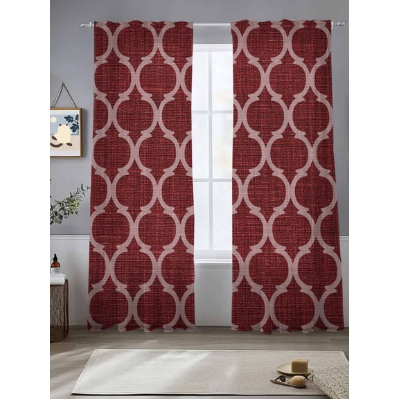 Sheer Curtains 96 Inches Long 2 Panels, Moroccan Red Geometric Lattice Rod Pocket Curtain Voile Draperies, Retro Medieval Pattern Light Filtering Window Treatment for Living Room Kitchen Bedroom
