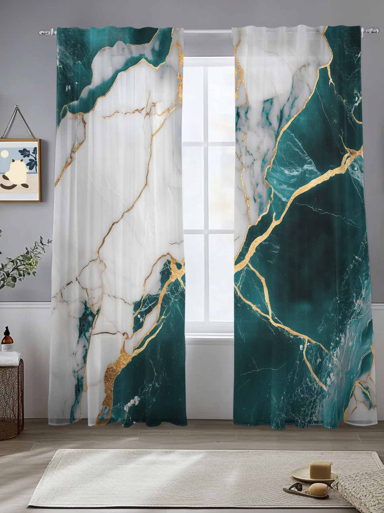 Sheer Curtains 96 Inches Long 2 Panels, Natural Marble Stone Texture