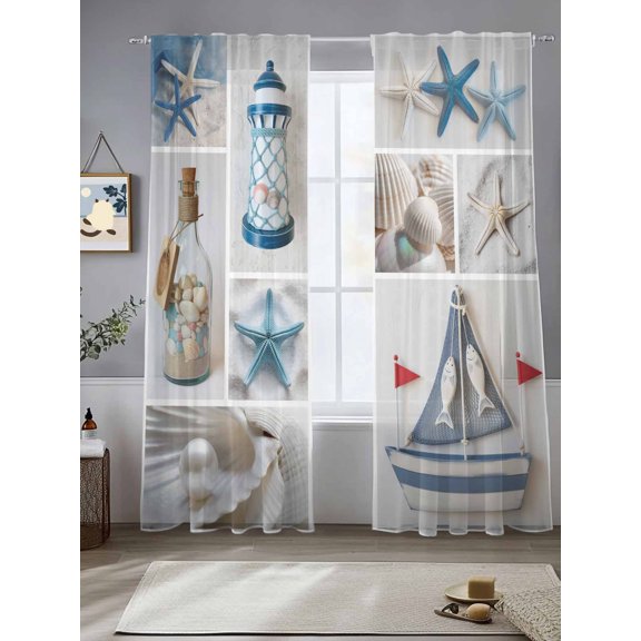 Sheer Curtains 96 Inches Long 2 Panels, Nautical Beach Blue Starfish Pearl Conch Rod Pocket Curtain Voile Draperies, Coastal Fish Boat Lighthouse Light Filtering Window Treatment for Living Room