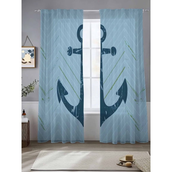 Sheer Curtains 96 Inches Long 2 Panels, Navy Blue Anchor Nautical Rod Pocket Curtain Voile Draperies, Zigzag Ripple Light Filtering Window Treatment for Living Room Kitchen Bedroom