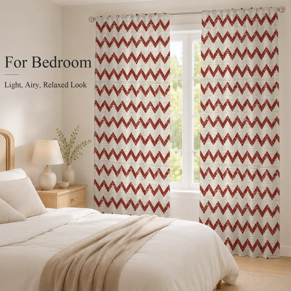 Sheer Curtains 96 Inches Long 2 Panels, Red Zigzag Stripes Rod Pocket Curtain Voile Draperies, Off White Linen Texture Background Light Filtering Window Treatment for Living Room Kitchen Bedroom