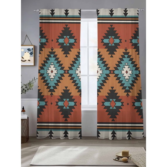 Sheer Curtains 96 Inches Long 2 Panels, Retro Aztec Ethnic Geometric Rod Pocket Curtain Voile Draperies, Abstract Bohemian Tribal Totem Light Filtering Window Treatment for Living Room