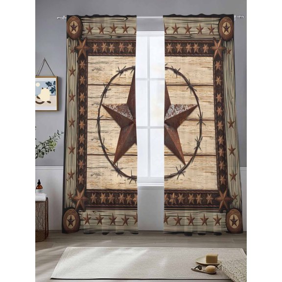 Sheer Curtains 96 Inches Long 2 Panels, Retro Rustic Texas Country Star Rod Pocket Curtain Voile Draperies, Farmhouse Vintage Wood Barn Light Filtering Window Treatment for Living Room