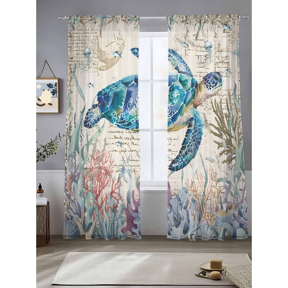 Sheer Curtains 96 Inches Long 2 Panels, Sea Turtle Ocean Coral Starfish Rod Pocket Curtain Voile Draperies, Vintage Letter Light Filtering Window Treatment for Living Room Kitchen Bedroom