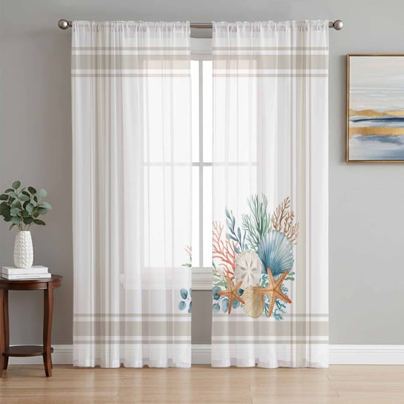 Sheer Curtains 96 Inches Long 2 Panels Set for Living Room, Coastal Starfish Semi Sheer Curtains for Windows, Nautical Shells Coral Eucalyptus Stripes Voile Window Treatments Rod Pocket Curtain