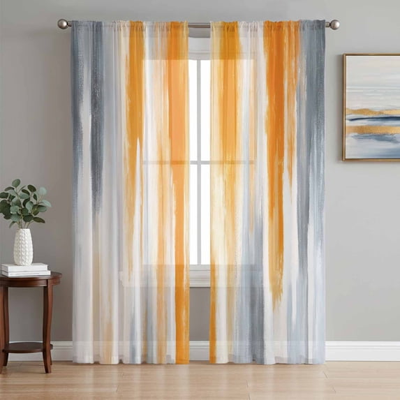 Sheer Curtains 96 Inches Long 2 Panels Set for Living Room, Orange Gray Semi Sheer Curtains for Windows, Retro Country Abstract Ombre Aesthetic Voile Window Treatments Rod Pocket Curtain