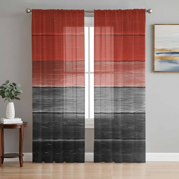 Sheer Curtains 96 Inches Long 2 Panels Set for Living Room, Red Gray Black Semi Sheer Curtains for Windows, Vintage Country Gradient Wooden Grain Voile Window Treatments Rod Pocket Curtain
