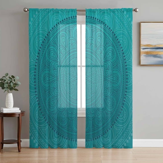 Sheer Curtains 96 Inches Long 2 Panels Set for Living Room, Teal Boho Semi Sheer Curtains for Windows, Farmhouse Abstract Geometric Aesthetic Art Voile Window Treatments Rod Pocket Curtain